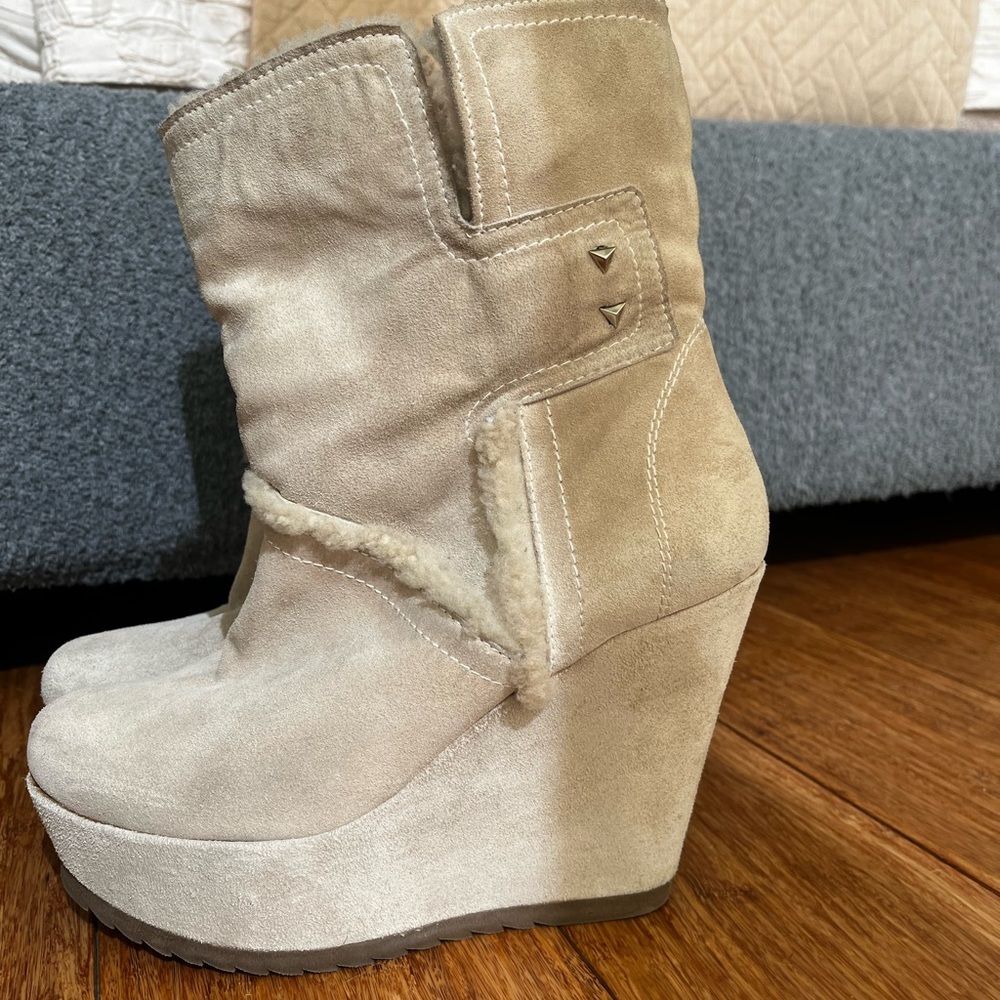 Cream Suede Wedge Boot